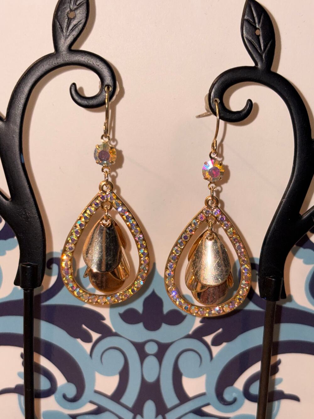 Gold Teardrop AB Rhinestone Dangle Earrings With Layered Metallic Bell Petals